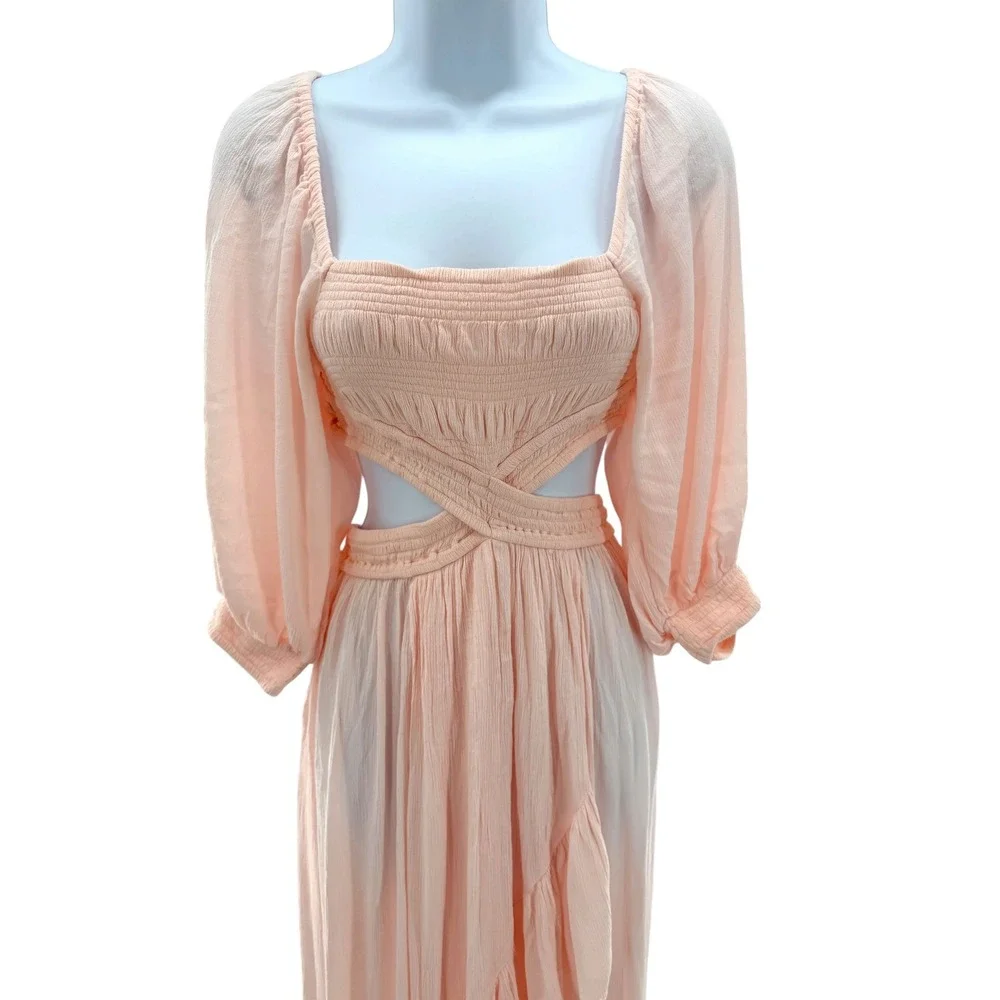 Free People Cross My Heart Maxi‎ Dress Peach Smocked Cut Out OB1683503 Womens XS